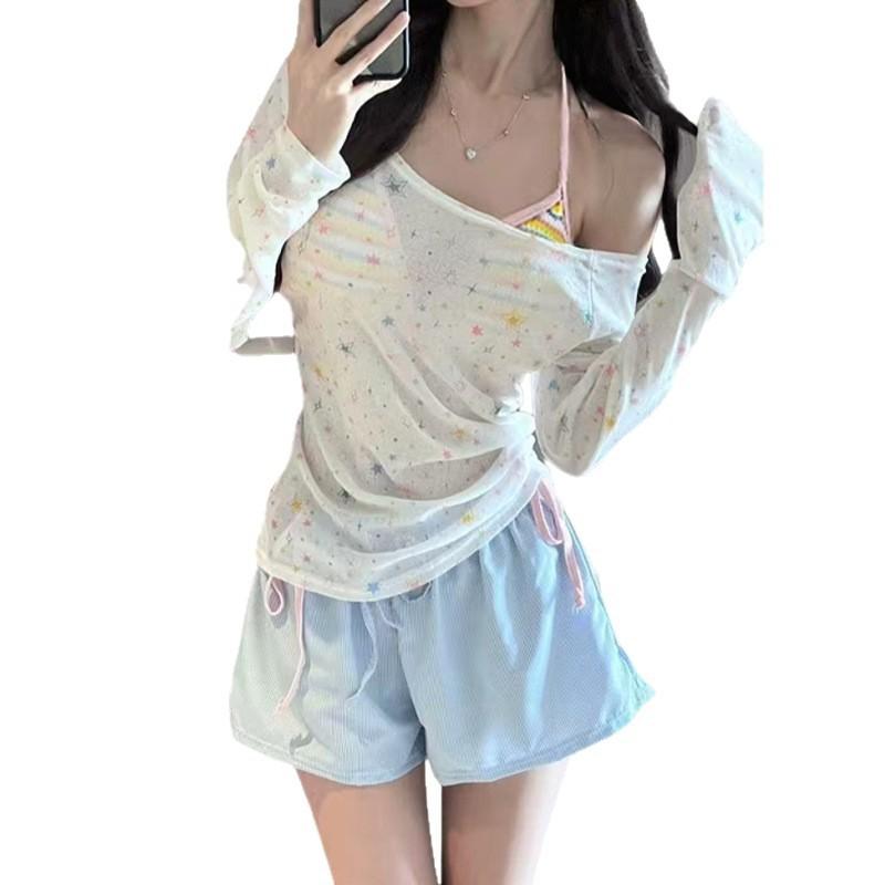 Swimsuit Women's Pure Desire Sexy Long-sleeved Blouse Split Four-piece Bikini Babes Vacation Hot Spring Swimsuit