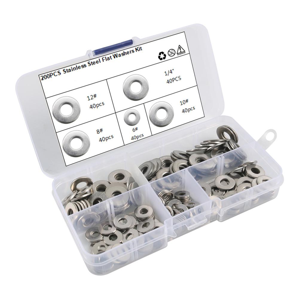 Boîte de 200 pièces Rondelles plates en acier inoxydable 304 1/4" 6 8 10 12 chacune 40 pièces