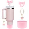 Strohhalm-Schutzhülle mit Schleife für Stanley Cup Silikon-Aufsatz Rosa Schmetterlingskette Silikon-Boden Rosa Tasse Zubehör-Set für 30/40 OZ Becher