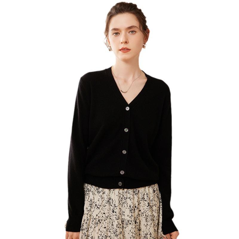 Autumn/Winter Cashmere Knit V-Neck Cardigan – Women's Long Sleeve, Loose Fit, Single-Breasted Top