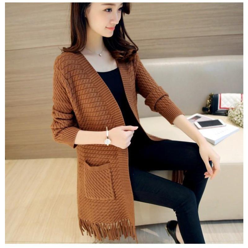 Women's Spring and Autumn Cardigan Loose Mid Length Tassel Knit Sweater Women's Cardigan Sweater Jacket