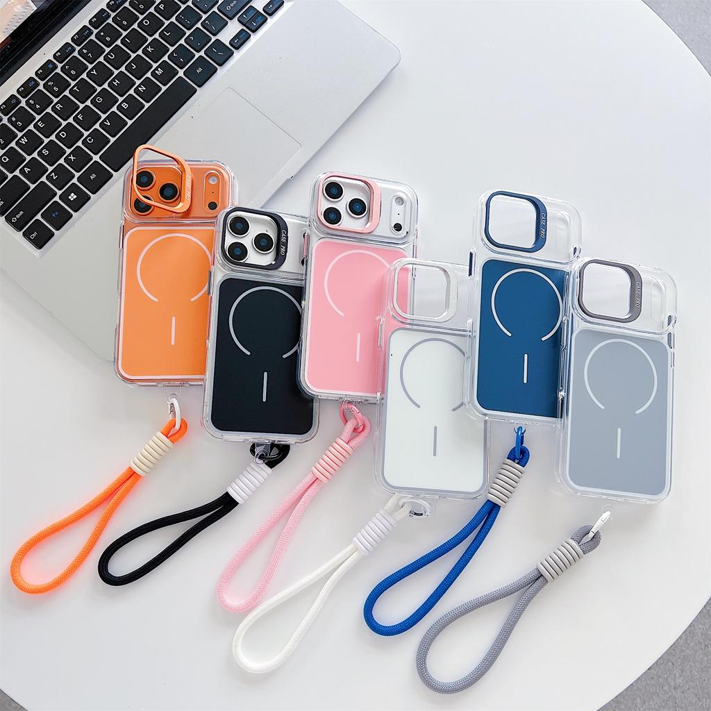 For iPhone 17 Pro Case Compatible with MagSafe Lens Kickstand TPU Acrylic Phone Cover with Matching Hand Strap