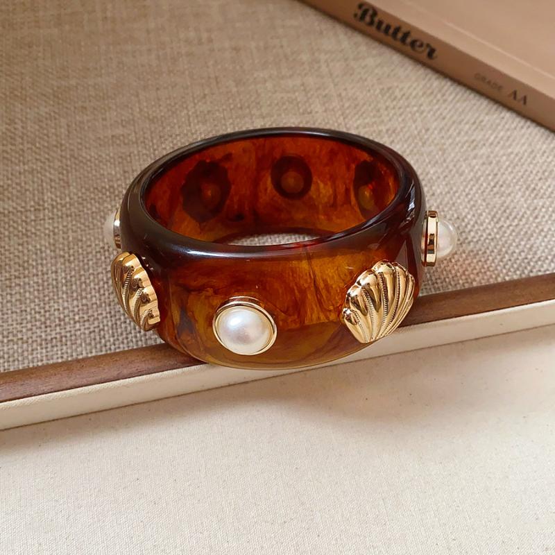 Pearl & Seashell Embedded Cuff Bangles - Ocean Theme Boho Resin Bracelet Trendy Stackable Bracelets for Women