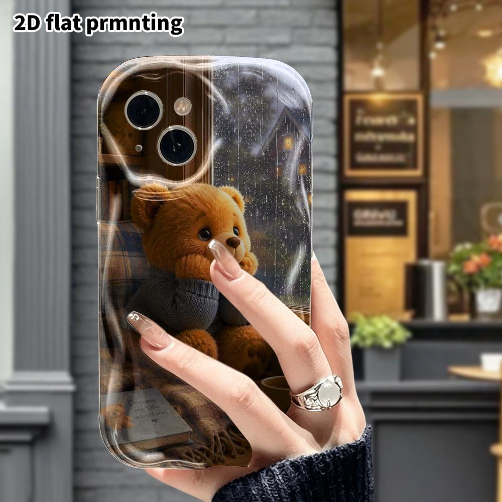 Phone Case: 2D Flat Design Suitable for iPhone 18 17 16 15 14 13 Pro Protective Case, Little Bear by the Rainy Window, Perfect Gift for Christmas and 