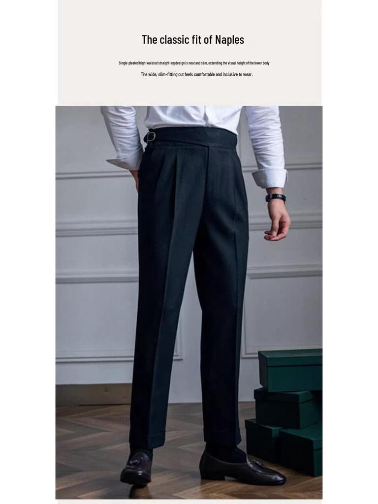 Herren Italienische Neapolitanische High-Waist Gerade Bein Lässige Stoffhose im Britischen Retro-Stil