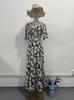 Spring new printed waist and thin exotic long-sleeved medium and long dress women