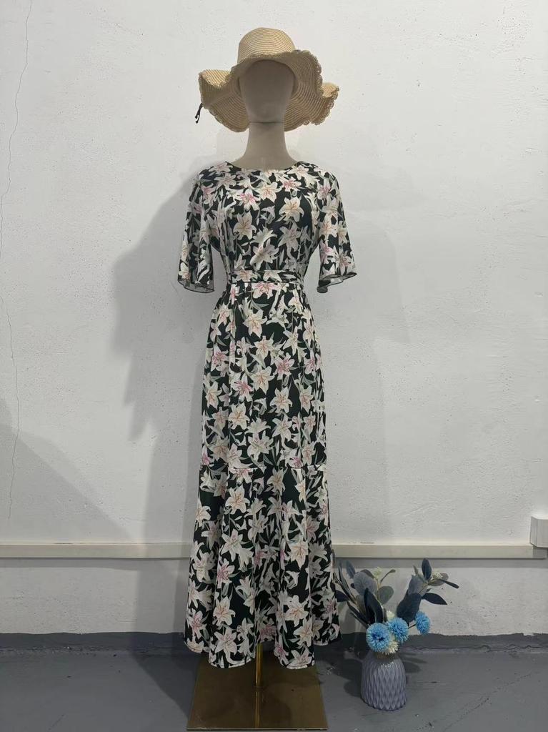 Spring new printed waist and thin exotic long-sleeved medium and long dress women