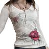 Women Vintage Shirt Fairy Grunge Long Sleeve Rose Print Crop Tops 90s V Neck Slim Fit T Shirt