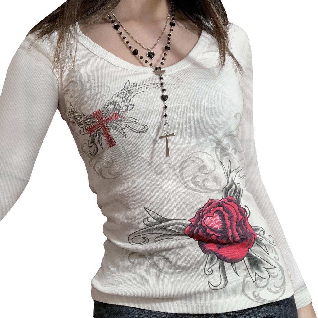 Women Vintage Shirt Fairy Grunge Long Sleeve Rose Print Crop Tops 90s V Neck Slim Fit T Shirt