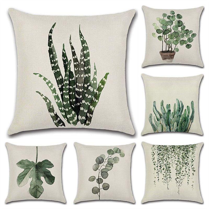 Elegant Green Leaves Patterned Linen Pillow Case Decorative Cushion Cover 18"x18