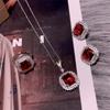 Vintage Ruby-Inspired Zircon Jewelry Set: Square Stud Earrings, Necklace, & Ring - Elegant and Versatile for Women