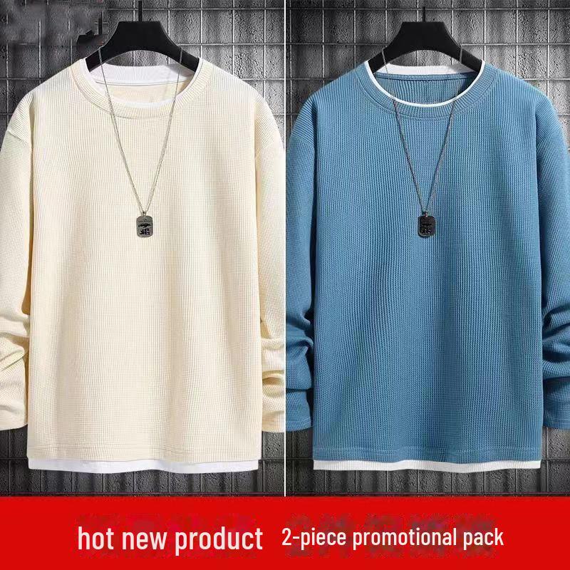 Unisex Fake Two-Piece Waffle Long-Sleeve Sweatshirt - Loose Round Neck, Solid Color, Large Size for Spring & Autumn