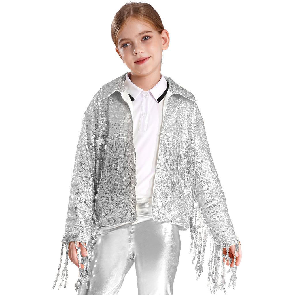 Mädchen Party Jacke Glitzernde Pailletten Quasten Detail Langarm Offen Vorne Bühnenkostüm Mantel