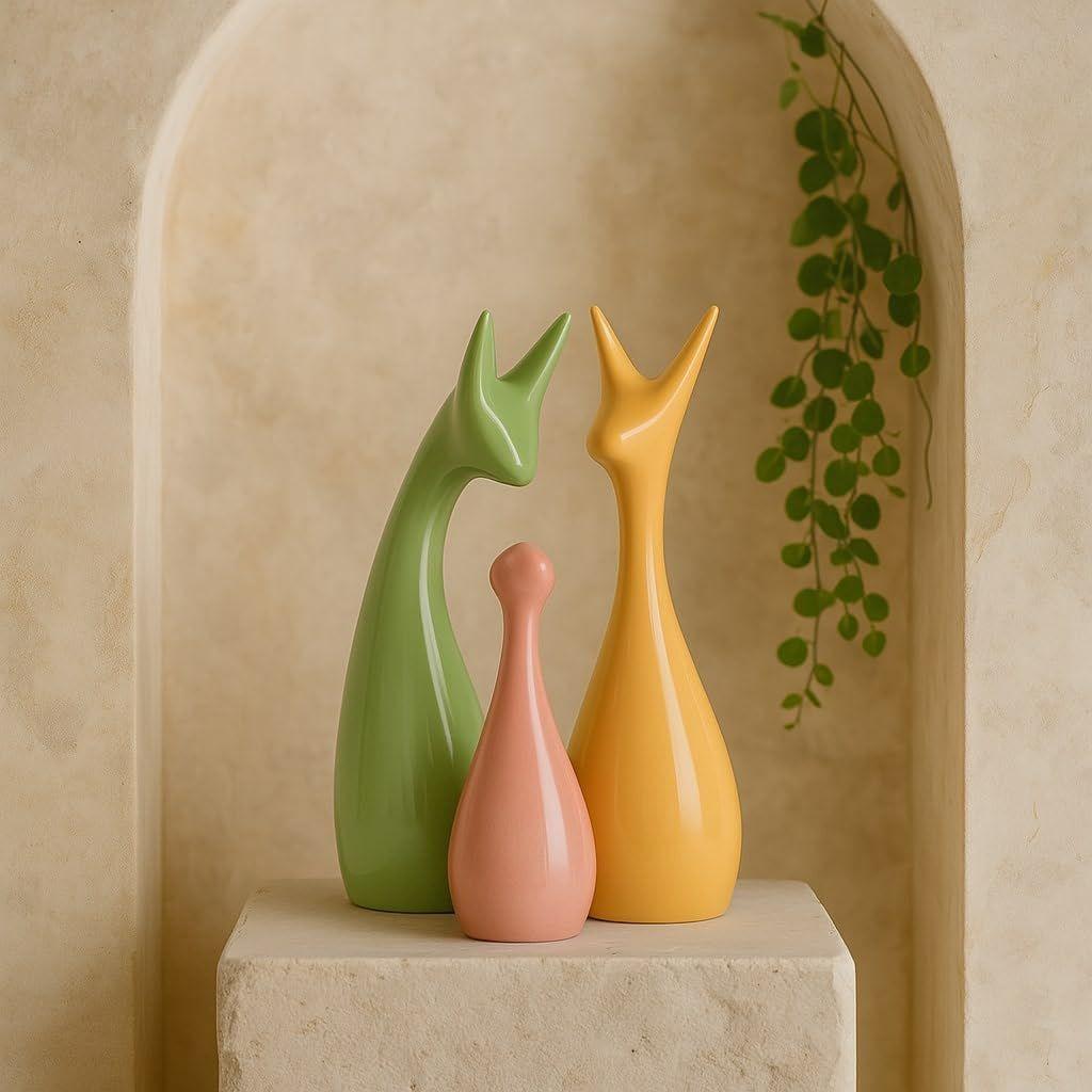 Home Décor Lucky Deer Family Set | Piano Finish Ceramic Figures - (Set of 3 Yellow, Pink, LightGreen)