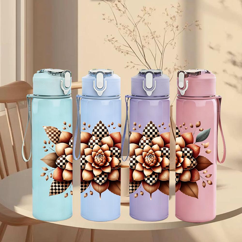 1PC Leopard Succulent Flower Graphic,750ml Color Plastic Sports Water Bottle,Leakproof Flip Straw Lid,Suitable for Sports Office Home Use