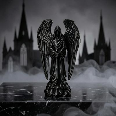 3D Tištěná Socha Dekorace, Tmavá Gotická Andělská Dekorace s Detailní Texturou Peří, Matně Černá Figurka pro Domov Kancelář Halloween Dárek