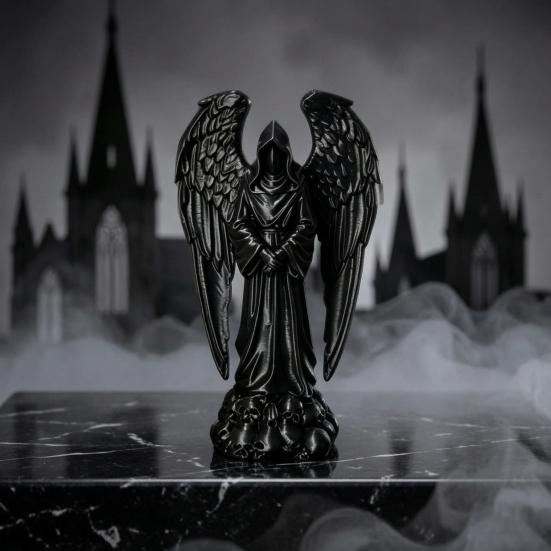 3D Printed Sculpture Decoration, Dark Gothic Angel Decoration with Detailed Feather Texture, Matte Black Figurine for Home Office Halloween Gift