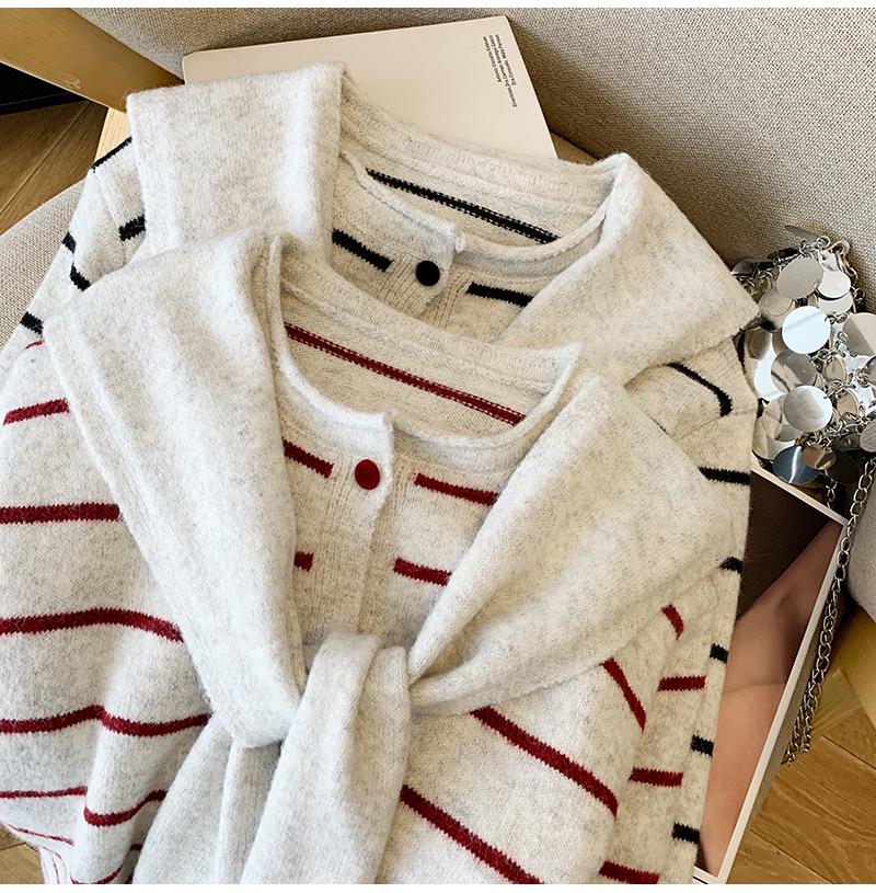 2025 Autumn Women's Korean Style Striped Jacket & Long Sleeve Sweater Two-Piece Set