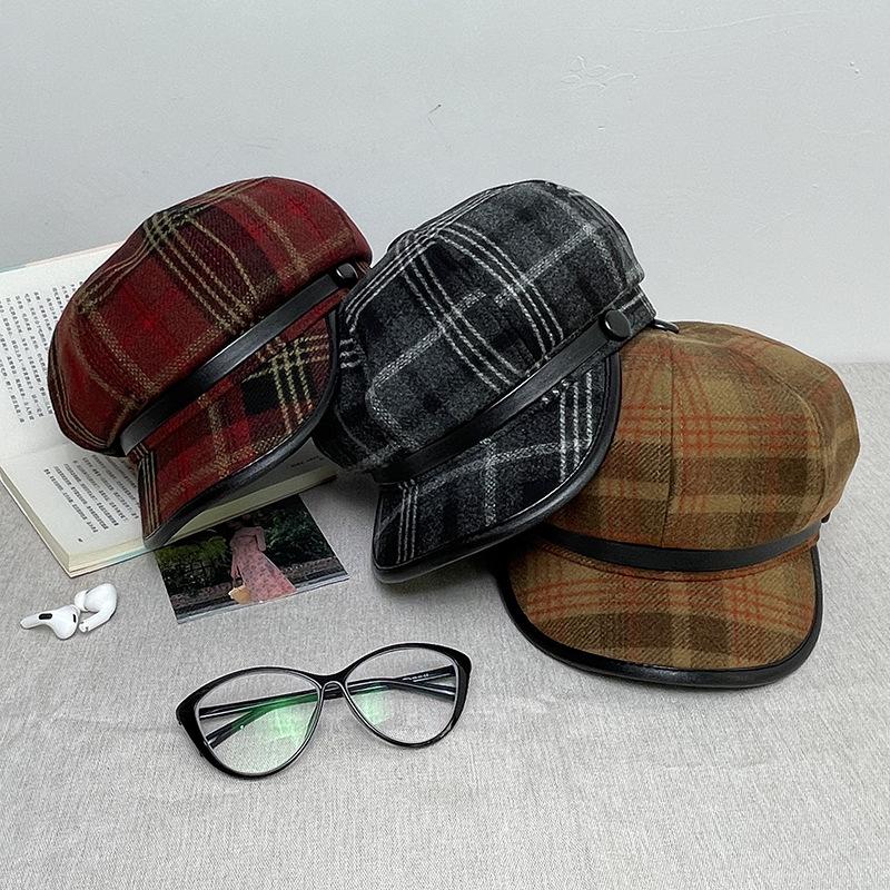 Britský osmiboký klobouk Dámská kostkovaná retro čepice s obličejem Malý baret Ztluštělý klobouk pro novináře