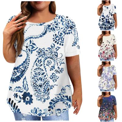 Women's Short Sleeve Shirt Round Neck Plus Size T-Shirt Flower Printed Casual Tops
