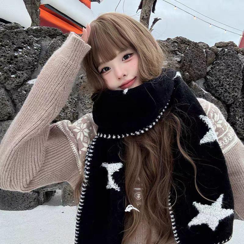 Korean Style Star Knit Wool Blend Scarf Women Winter Warm Cozy Academic Chic Accessory