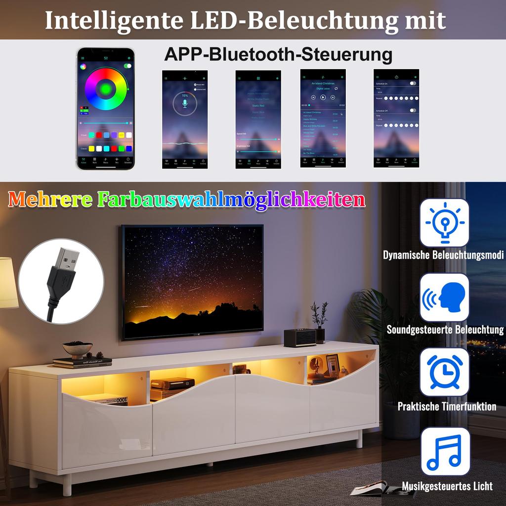 TV Schrank TV Lowboard Hochglanz Weiß 70 Zoll Fernseher, TV Ständer 4 Türen, Schranktür aus gehärtetem Glas, TV Möbel Wohnzimmer Schlafzimmer