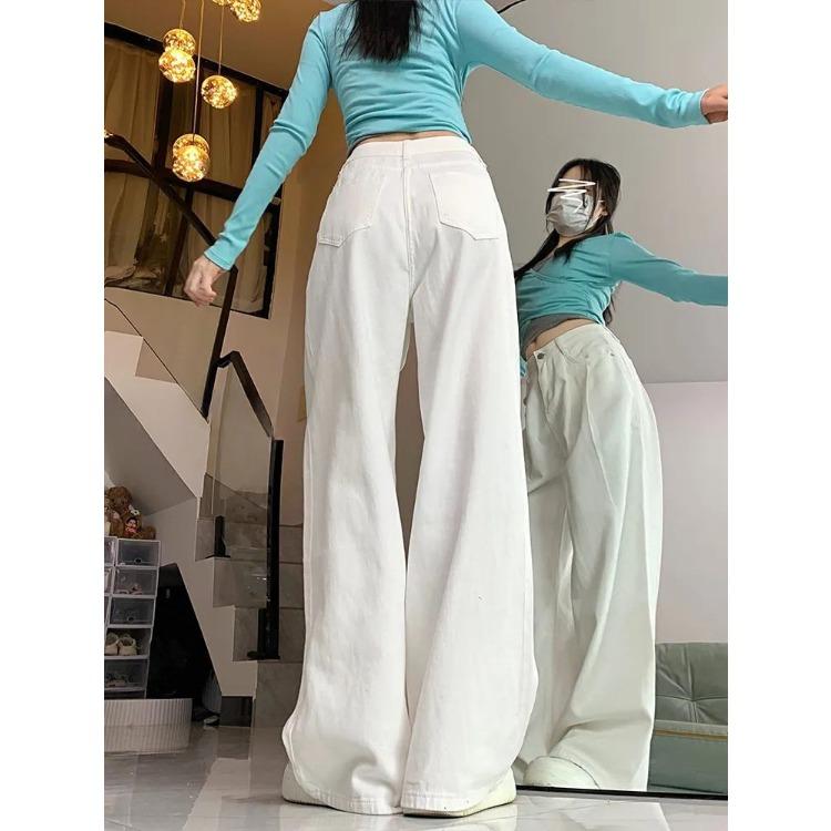 Spring Summer High Waist Wide Leg Jeans Women White Loose Wrinkle Design Fashion Drape Slimming Pants