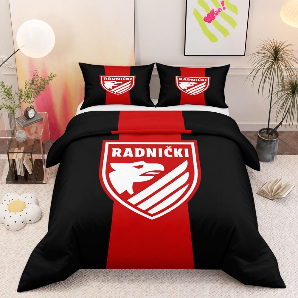 Radnicki Eagle Crest 3 Piece Bedding Set, Red Black Vertical Serbian Soccer Emblem Duvet Cover Set for Football Fan Bedroom Decor Gift