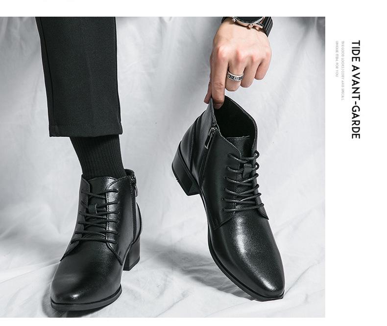 Men's Korean Style Mid-Calf High Heel Leather Boots - Pointed Toe Hairstylist Business Shoes