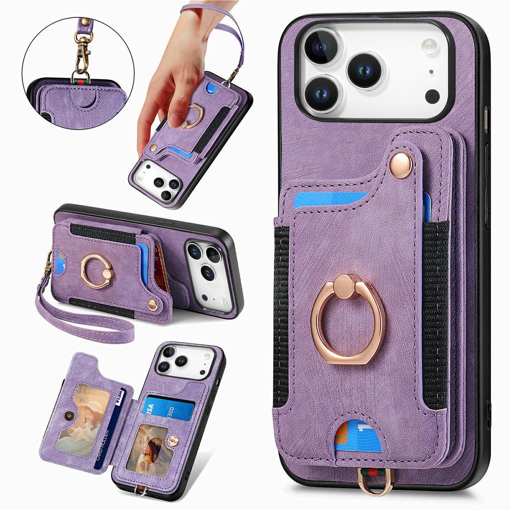 For iPhone 17 Pro Retro PU Leather Case Phone Cover with RFID Blocking Card Holder   /   Ring Holder