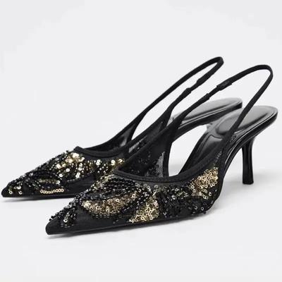 Moda Bling Malha Preta Fio Contas Embelezar Marca Sapatos de Salto Alto Femininos Elegantes Bico Fino Tira no Tornozelo Salto Fino Sandálias de Encaixar Sapato para Vestido de Festa
