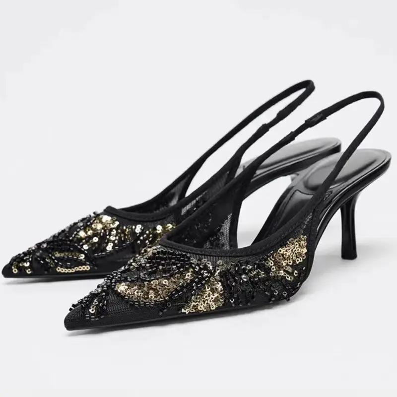 Fashion Bling Black Mesh String Bead Embellish Brand Pumps Women Elegant Pointed Toe Back Strap Thin Heel Slide Sandals Party Dress Shoe