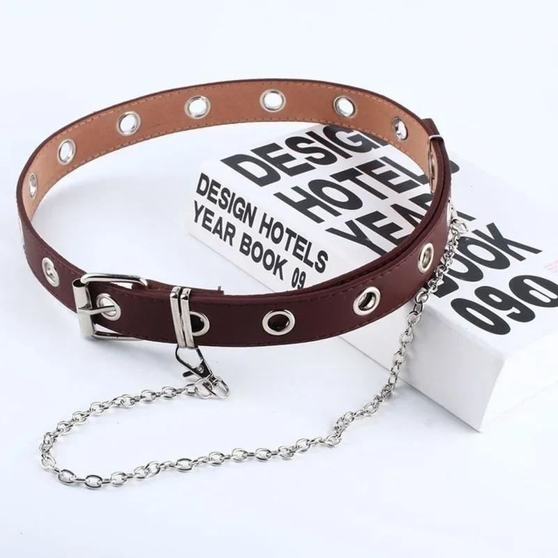 Women Punk Chain Fashion Belt Adjustable Double/Single Row Hole Eyelet Waistband with Eyelet Chain Decorative Belts