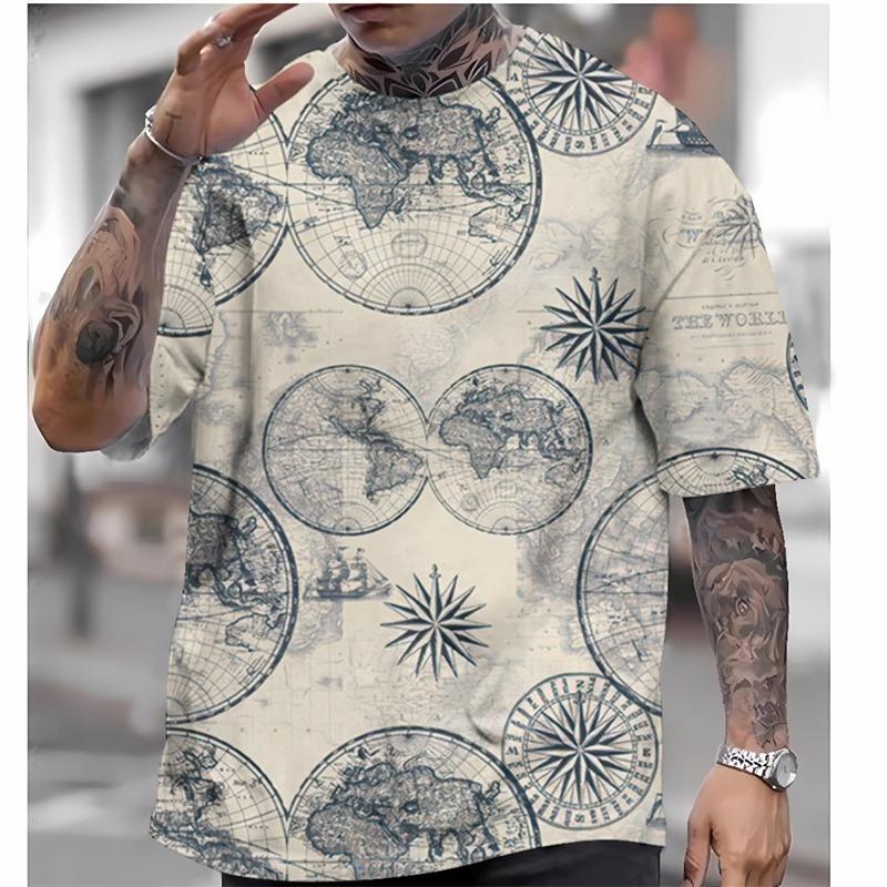 

Men s Vintage T Shirt Nautical Map Compass Print T-Shirt Summer Daily Loose Short Sleeve Male Tops Casual Tees Unisex Clothing 6XL