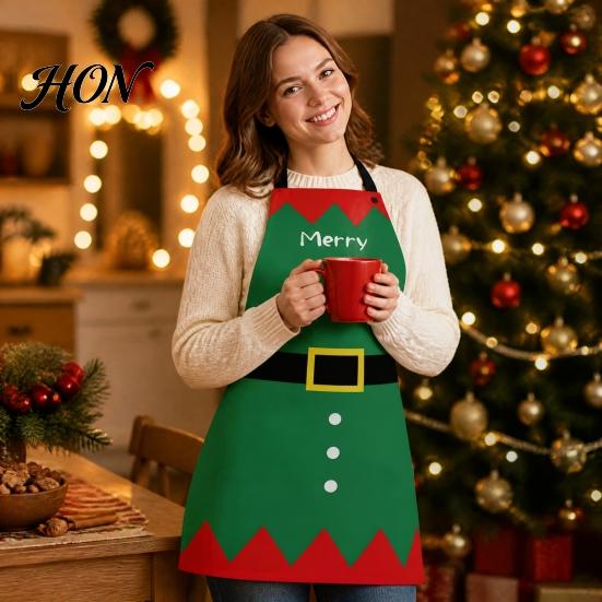 Oil Proof Cooking Cover Christmas Apron with Santa Gingerbread Prints, Waterproof Resistant Holiday Apron, Adjustable Tie for Kitchen Baking