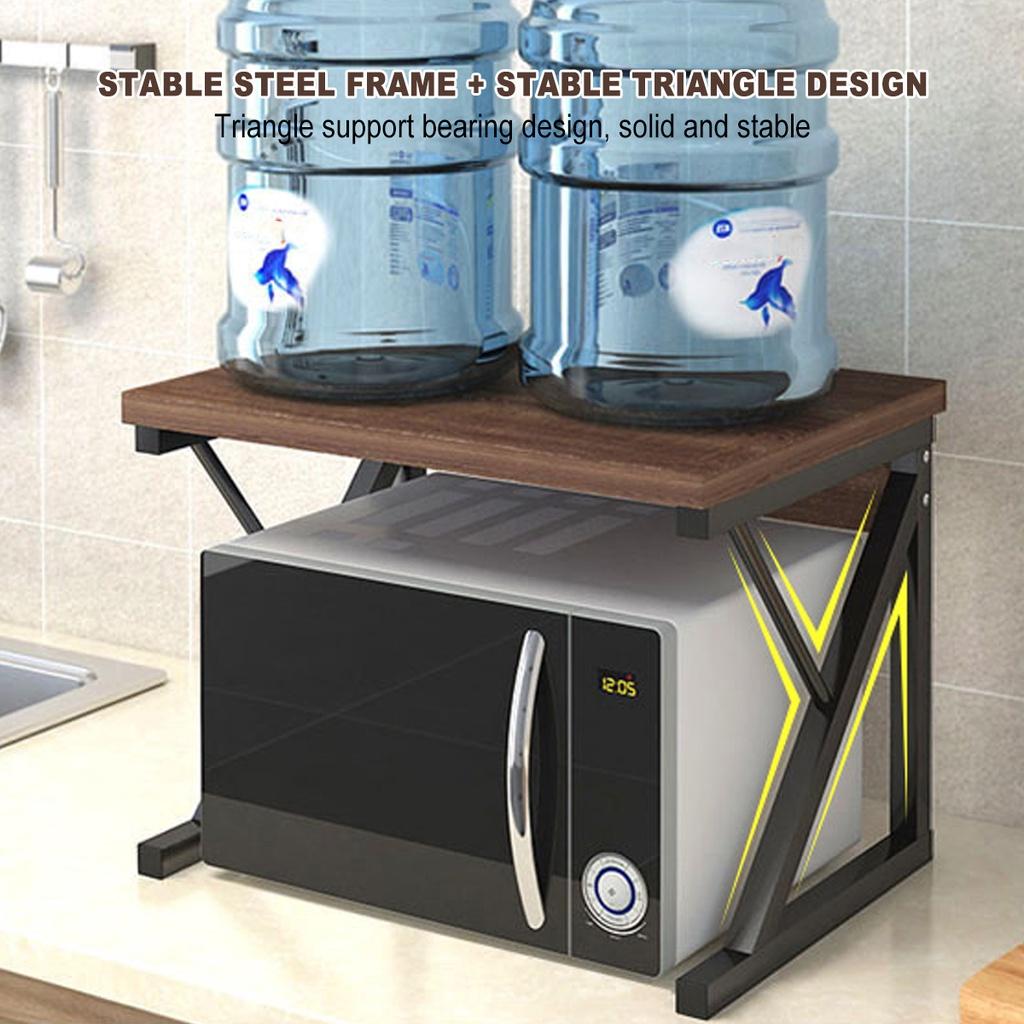 2 Tier Microwave Oven Stand Wood Storage Rack Shelf Z Shape Space Saving Kitchen Bracket Cabinet Organizer Metal + Wood 21.25x13.77x14.17in