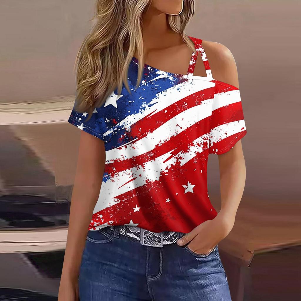 Women's Fashion Casual Independence Day Print Sexy Cold Shoulder Short Sleeve T-shirt Top