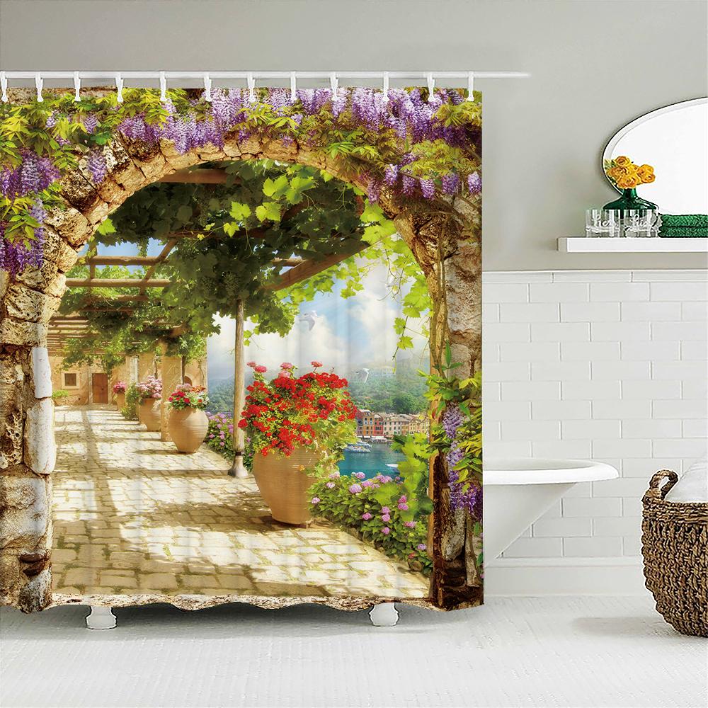 Vattentät Duschdraperi med Blommor Gräs Växt Stenmur för Badrum Badgardiner Extra Lång 180*200 CM 3d Duschdraperi