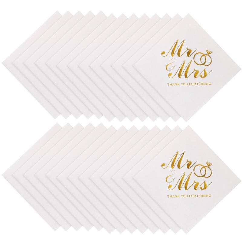 

20-100Pcs Mr Mrs Paper Napkins Wedding Table Decoration Bronzing Cocktail Dessert Disposable Napkin Bridal Shower Party Supplies 20Pcs