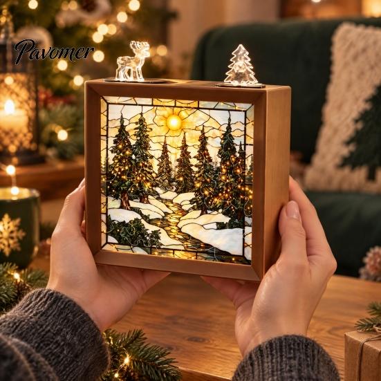 Decorative Room Lighting Christmas Acrylic Puzzle Night Light with Wooden Frame, DIY Stained Glass Style Creative Gift for Kids Jigsaw Lamp