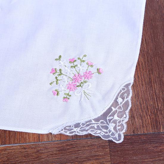 3Pcs Square Handkerchief Flower Embroidered Pocket Lace Cotton Napkin Towel