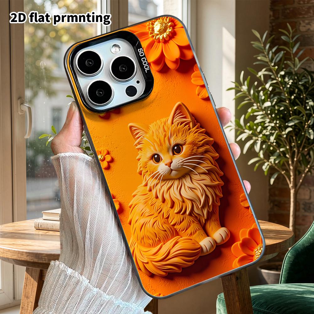 Phone Case: 2D Flat Design, Suitable for iPhone 18 17 16 15 14 13Pro In Rainbow Silver, Couple Style, Embossed Orange Cat, Christmas and Halloween Gif