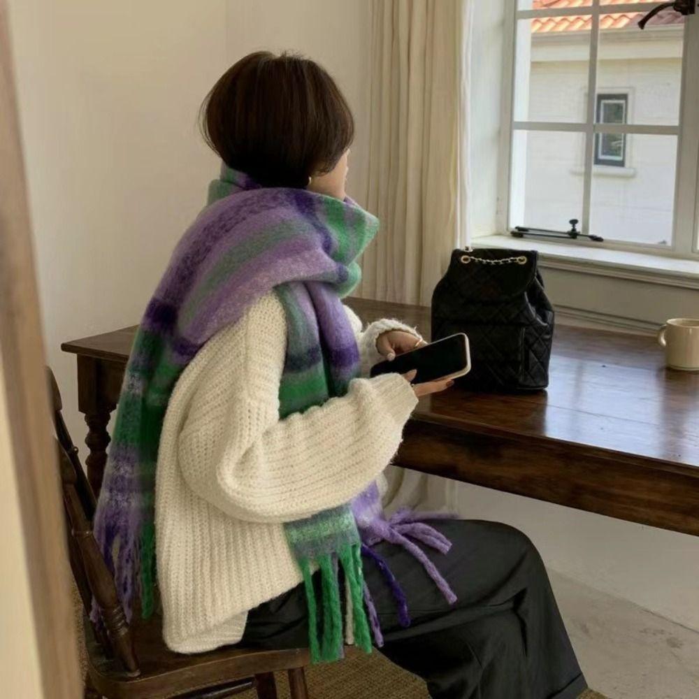 Plush Plaid Wool Scarf Tassel Cape Wraps Simple Winter Cashmere Scarves Student