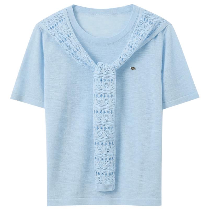 Sancai 2026 Summer Crochet Knit Short Sleeve Top M