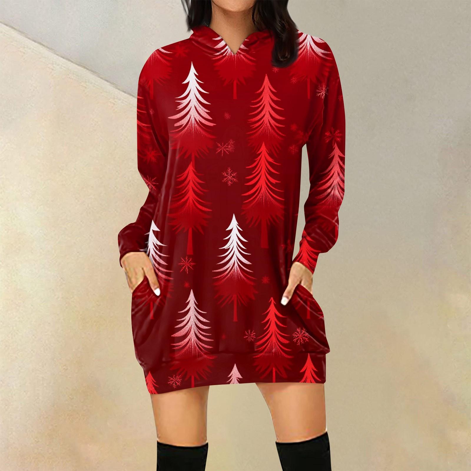

Женская свободная повседневная толстовка с капюшоном и карманом с длинными рукавами с рождественским принтом, длинный топ XXL красный