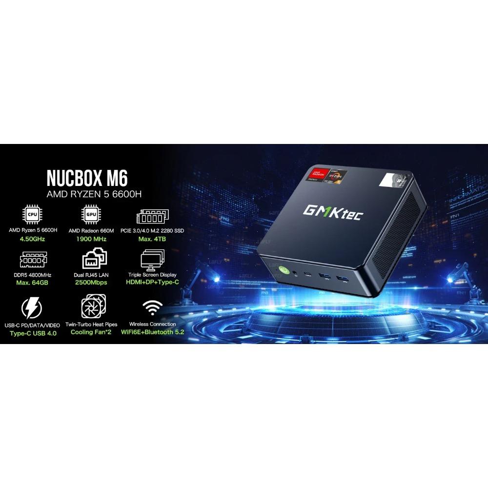 GMKtec M6 Mini PC AMD R5 6600H 6 nuclee 12 fire Computer 16GB DDR5 512GB SSD PCIe 3.0 WiFi 6 BT5.2 Mini PC Computer Desktop