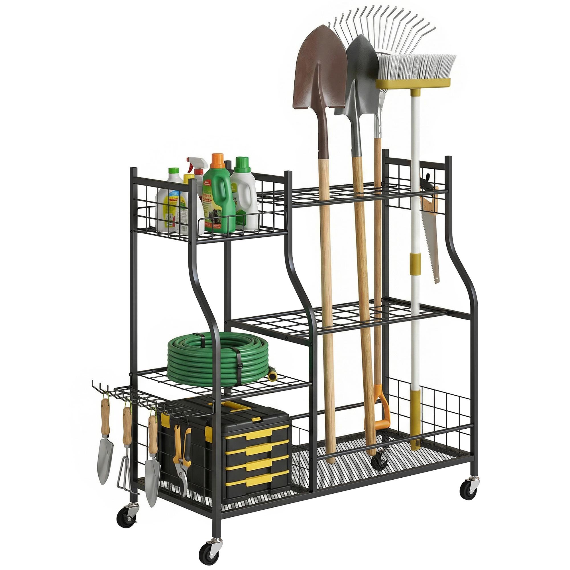 3-poziomowy stalowy organizer na narzędzia ogrodowe, 32 przegródki, 4 kółka, 11 haczyków, 104x40x95cm, Czarny 104 x 40 x 95 cm