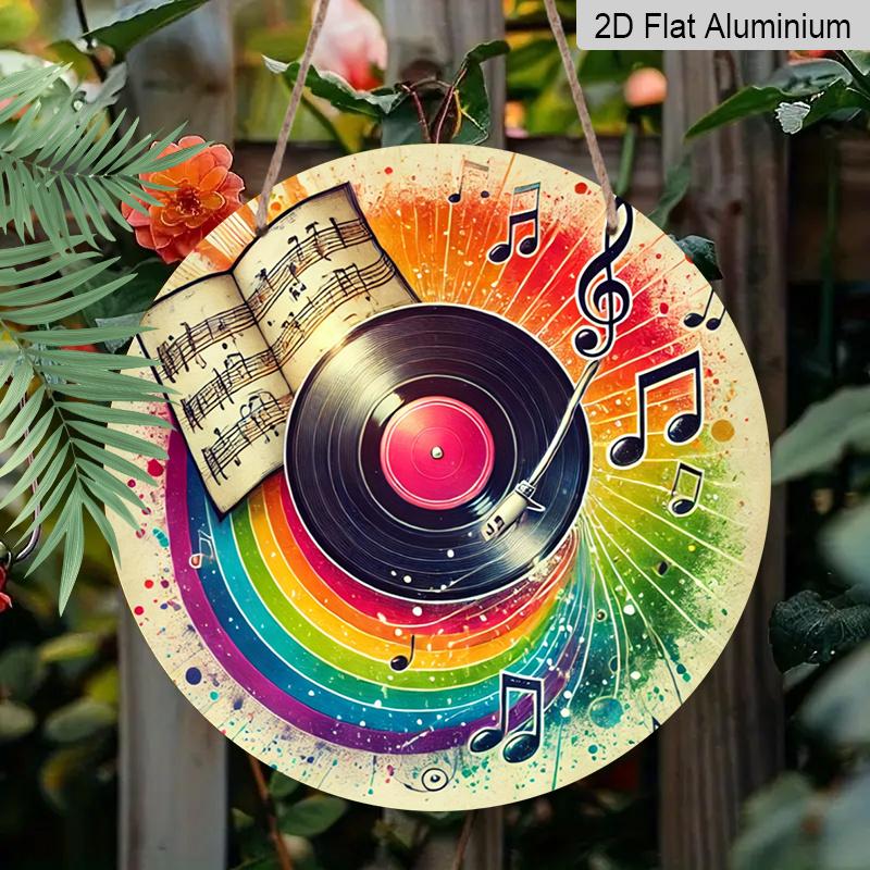 2D Flat - 1pc Vintage Round "Music Film" Metal Sign - Aluminum Wall Art with Vinyl Record & Musical Notes Design, Colorful Retro Decor for Garage