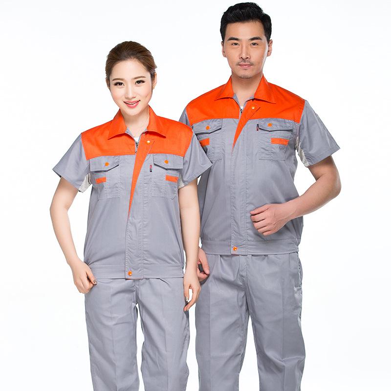 

Comfortable Breathable Short Sleeve Workwear Set - Durable Mechanic & Construction Labor Protection Clothing Gray & Orange - Top