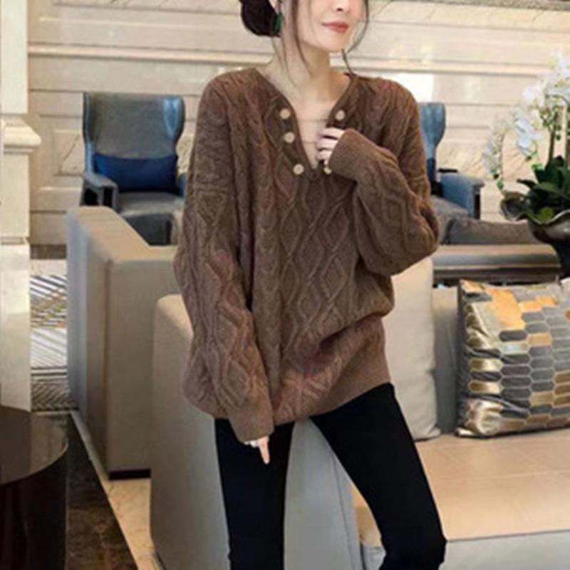 V-neck Twist Sweater Women In The Long Section of The Fall and Winter Loose Lazy Wind Gentle Pullover Knitted Tops